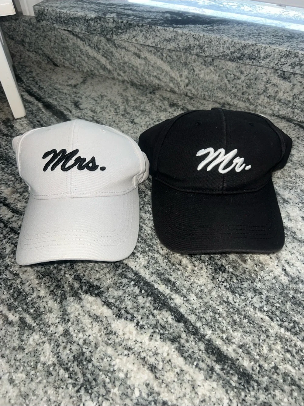 Mr. & Mrs. Embroidered Baseball Caps - Black & White